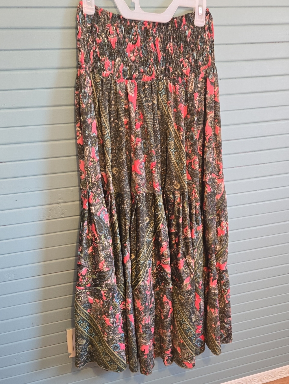 Smocked Maxi Skirt in Coral and Gray Paisley